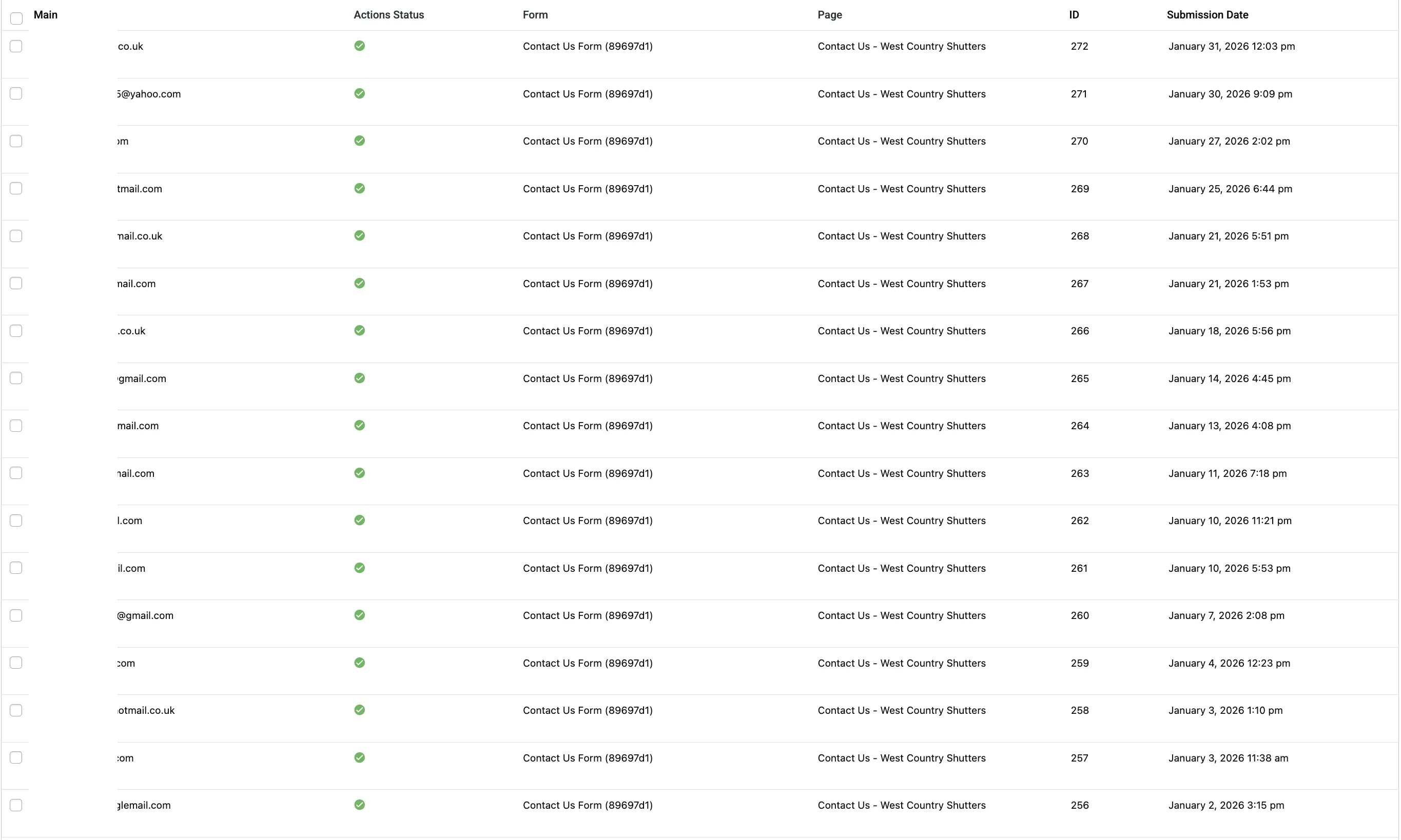 West Country Shutters contact form submissions dashboard showing 17 enquiries received in January 2026