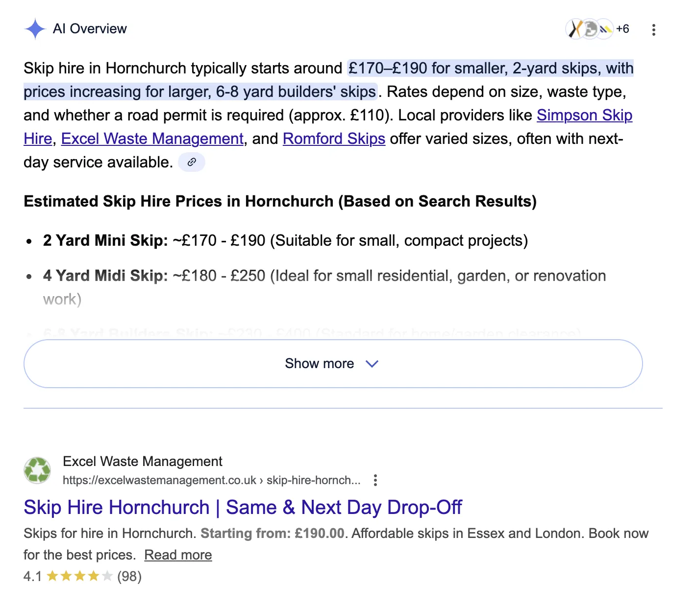 SEO Essex client appearing in Google AI Overview search results for competitive local keywords