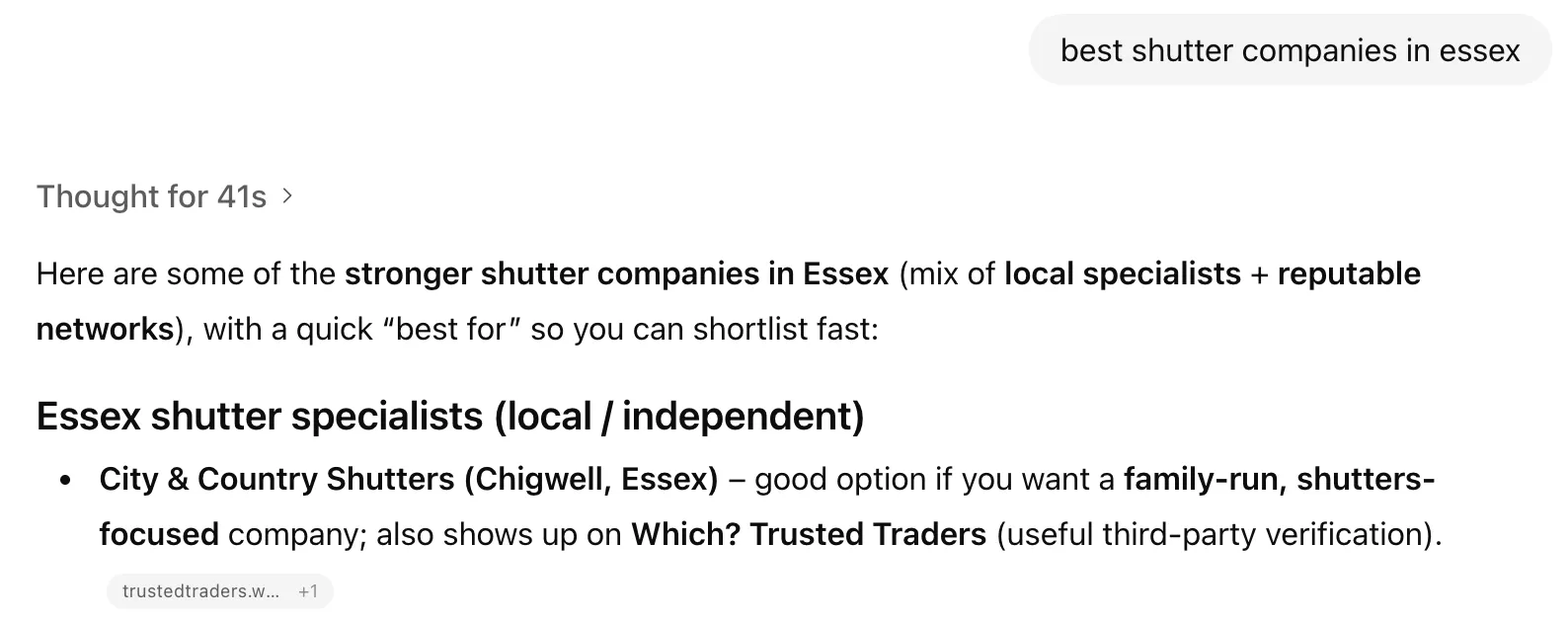 SEO Essex client being recommended by AI-powered search as a top provider in their industry