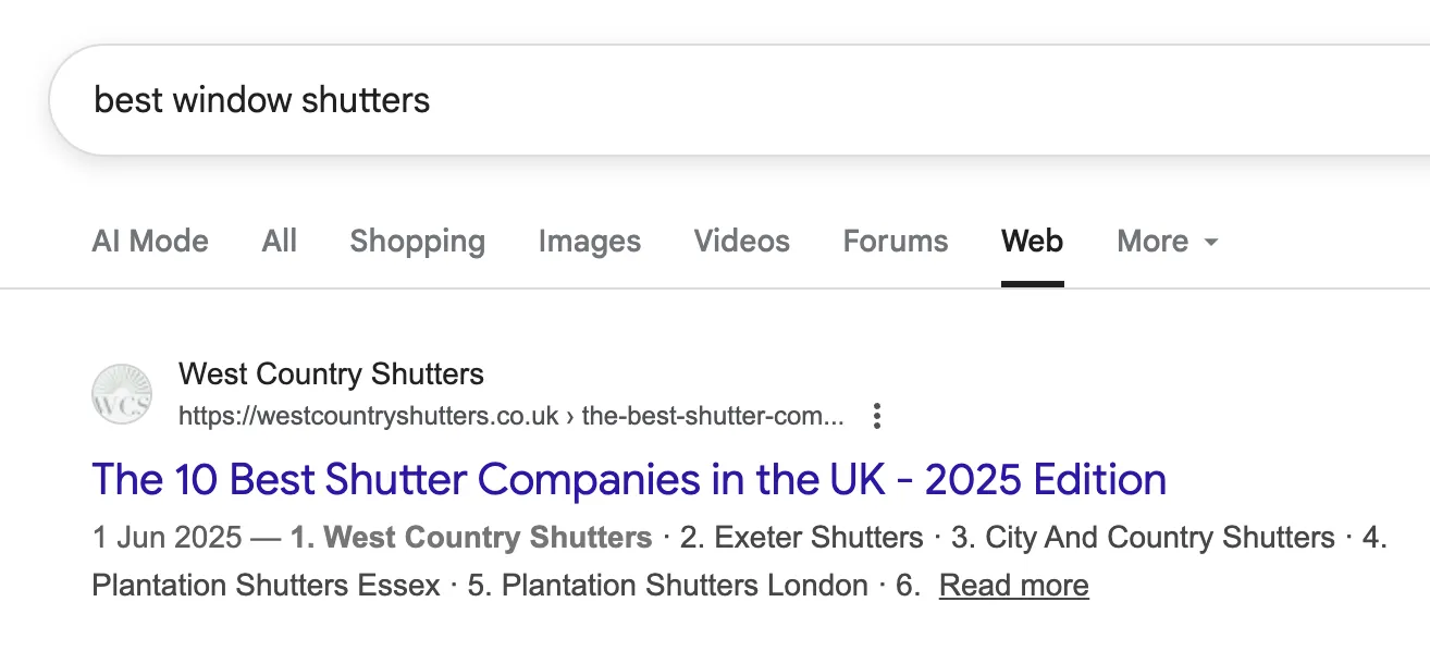 SEO Essex client ranking in the top results for best shutter companies search query