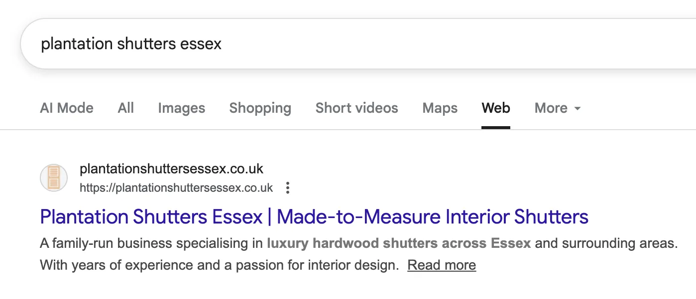 West Country Shutters ranking number 1 on Google for plantation shutters Essex search query