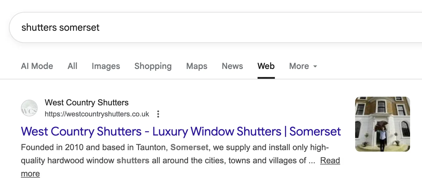 West Country Shutters ranking number 1 on Google for shutters Somerset search query