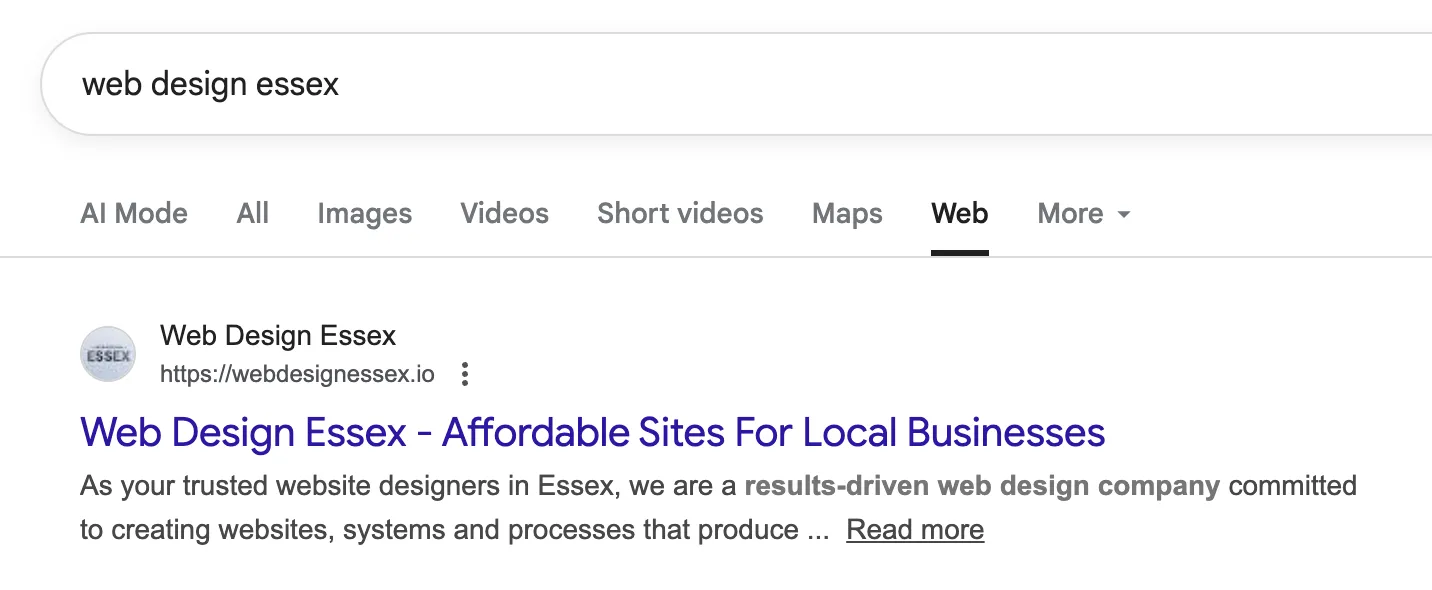 Web Design Essex ranking number 1 on Google for web design Essex search query